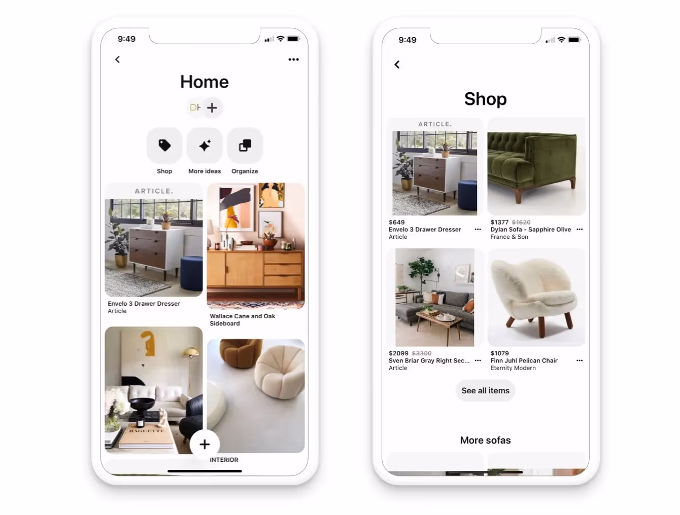 Pinterest 'home' page and shop' page on phone