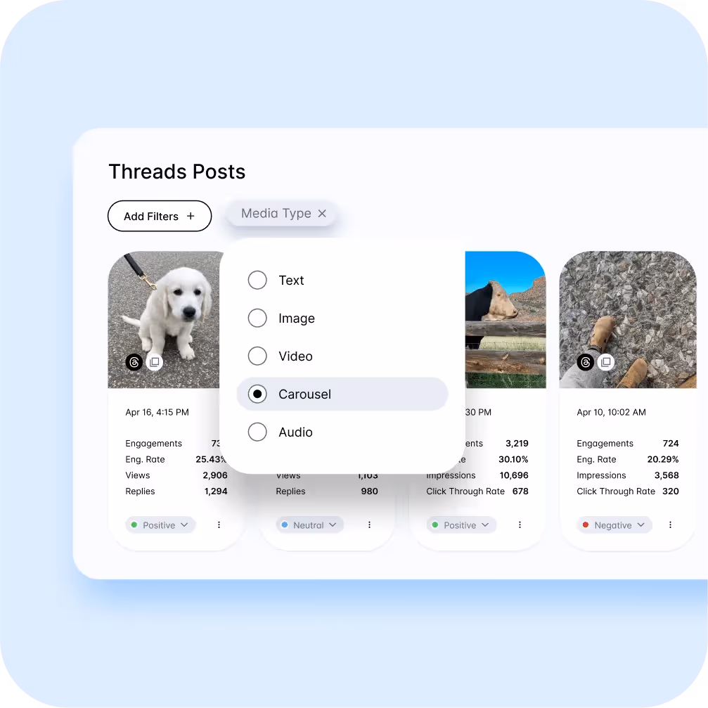 Dash Social Threads posts with media type filter and post performance metrics displayed.