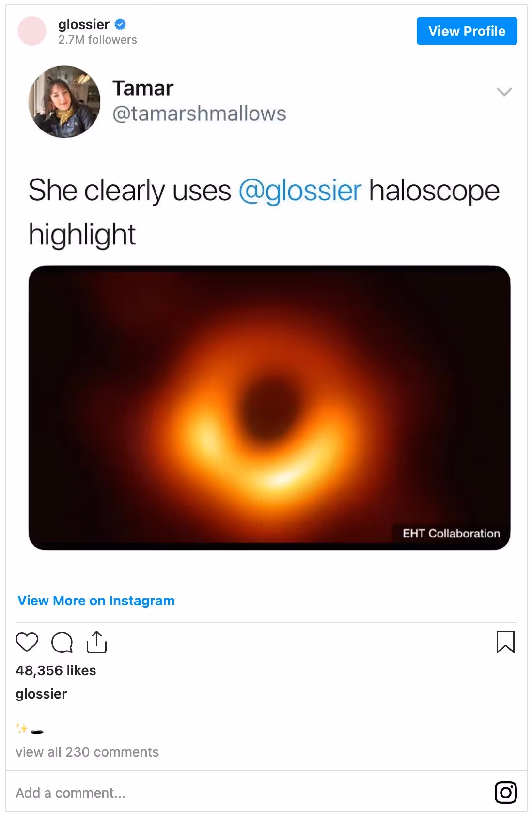 Glossier Instagram post of a Twitter meme about haloscope