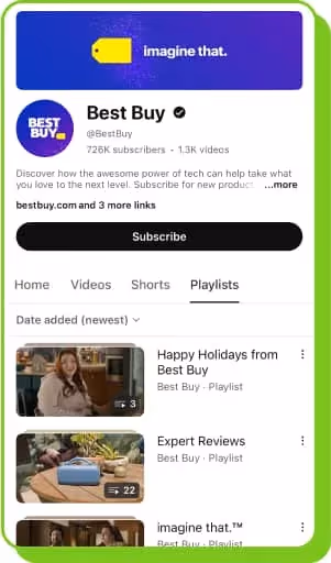 Best Buy’s YouTube channel highlighting playlists as part of effective digital marketing tips