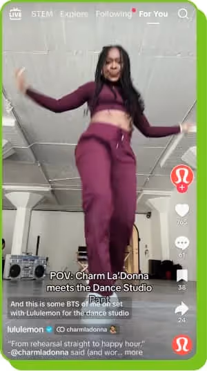 charm la'donna dancing in a studio, showcasing engaging digital marketing tips with lululemon