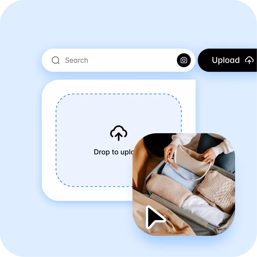 Drag-and-drop upload interface with a preview of packing a travel bag video.