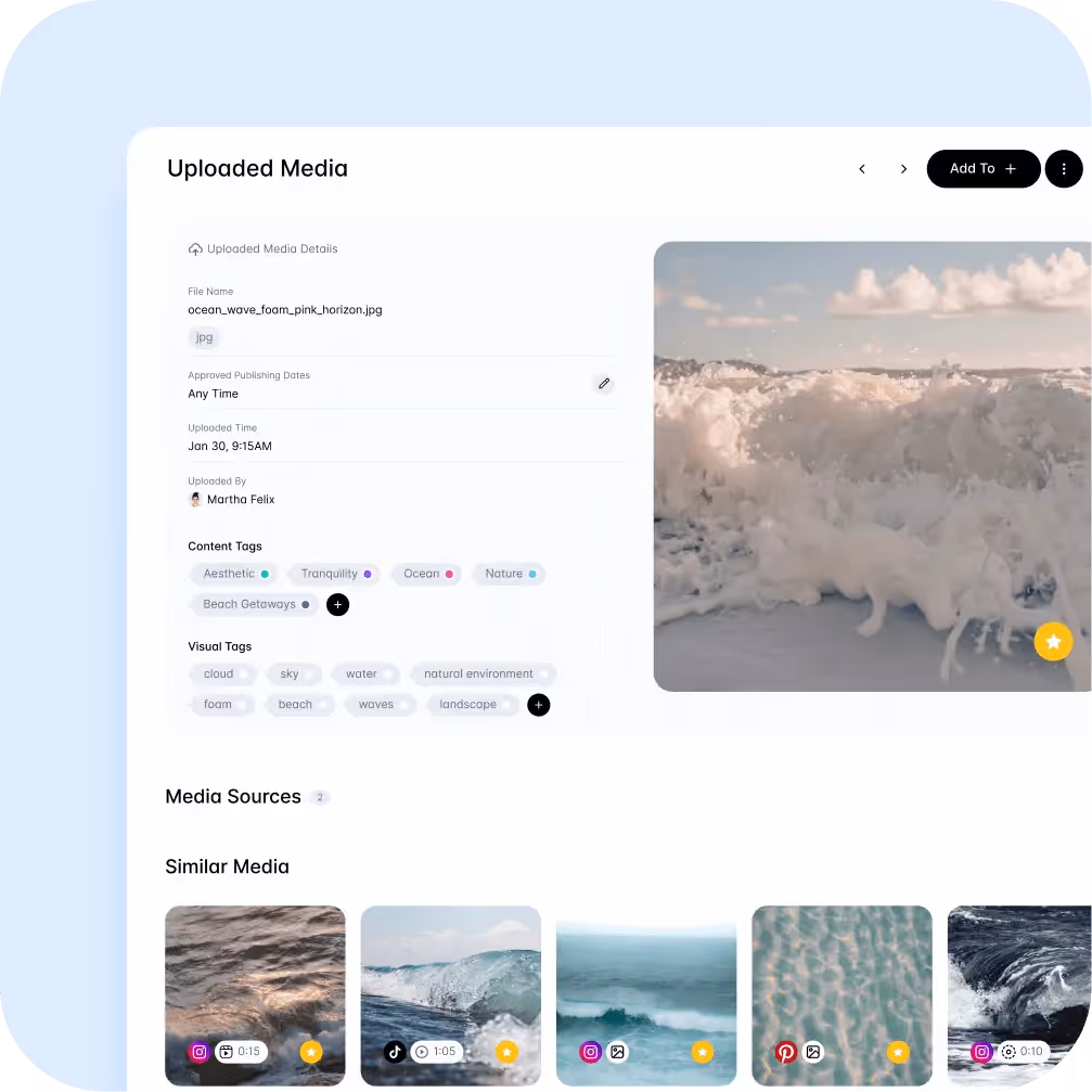 Uploaded media dashboard showing detailed tags and similar ocean wave images.