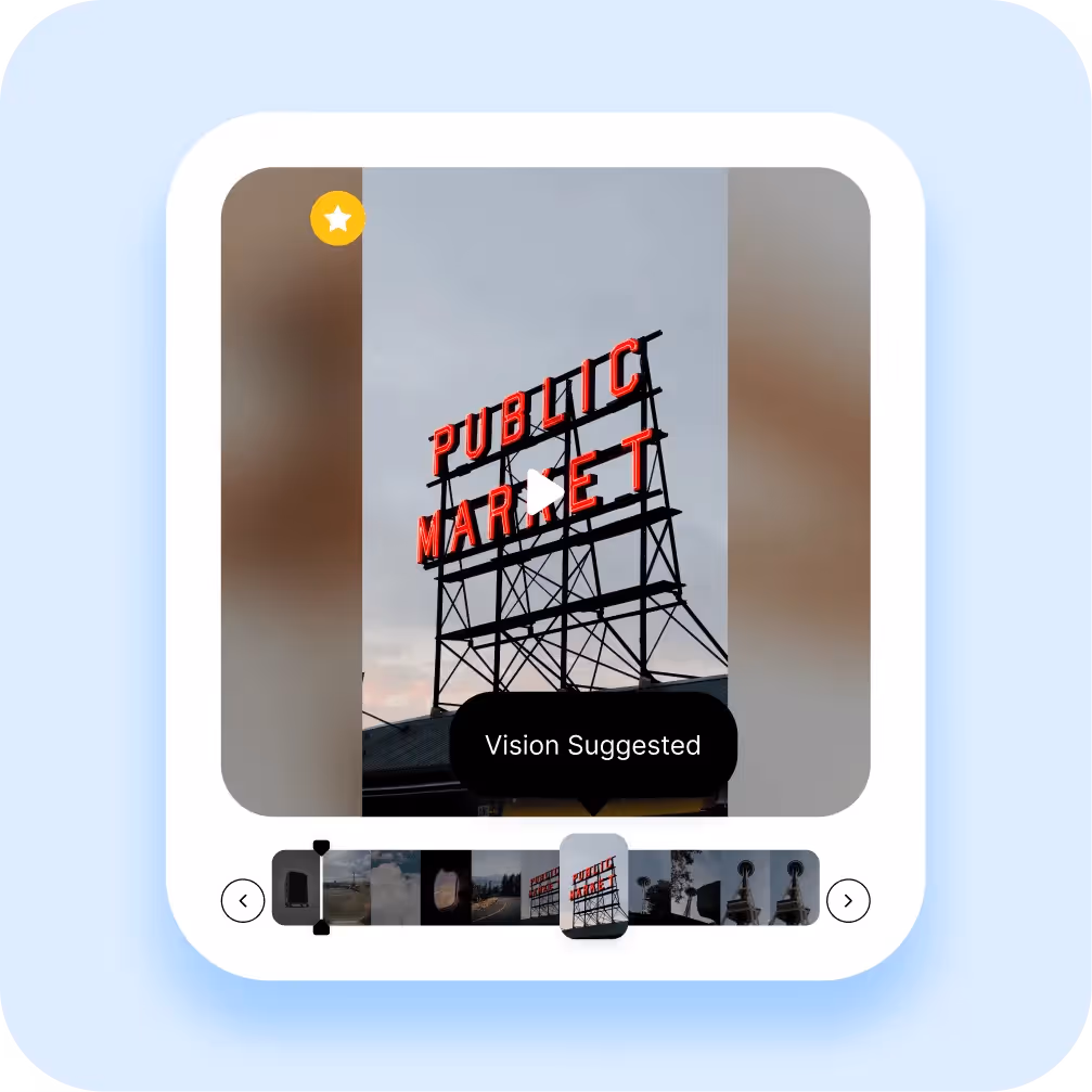 Vision AI suggests a highlighted "Public Market" sign video in a scrolling media viewer.