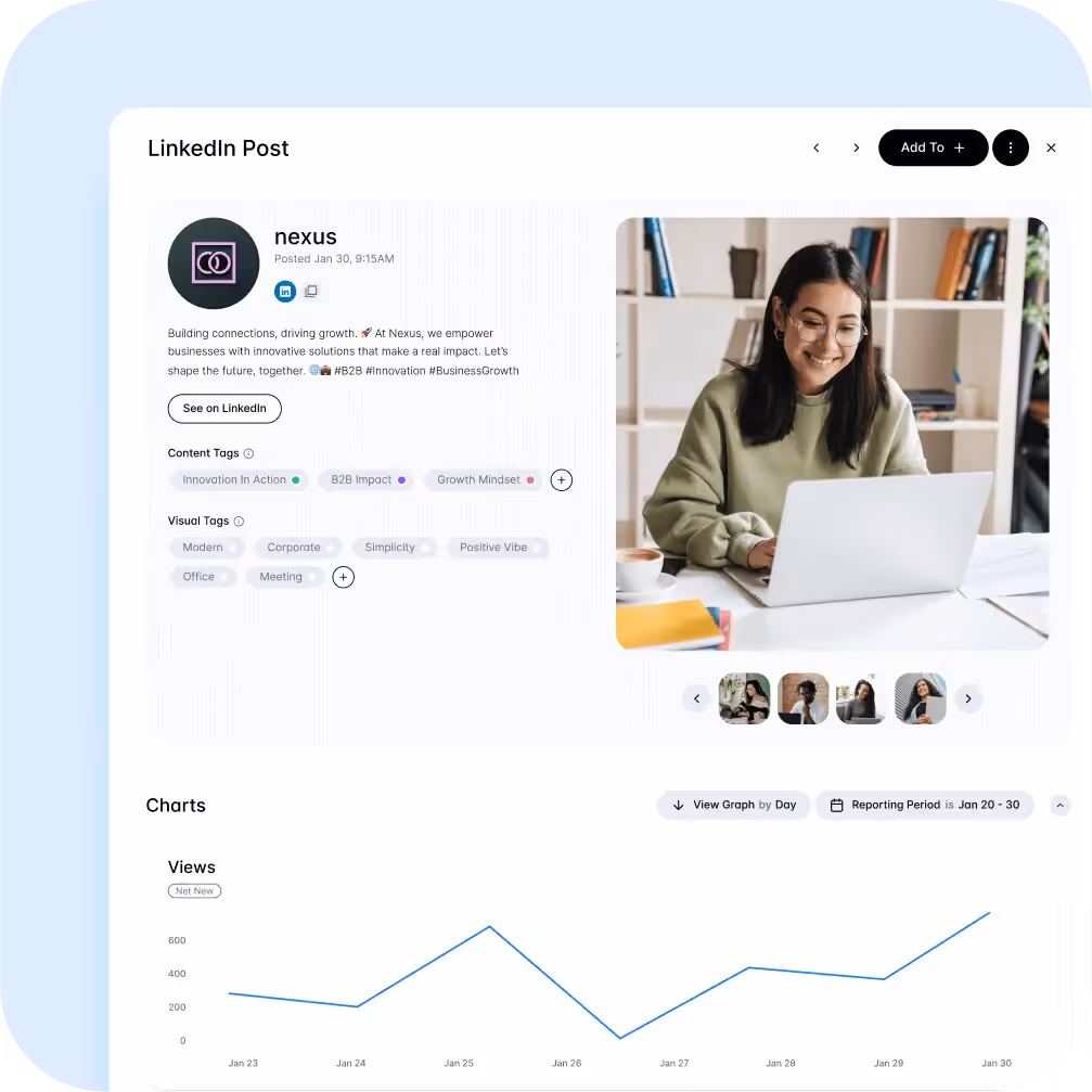 LinkedIn post overview with engagement data, content tags, and a user working on a laptop.