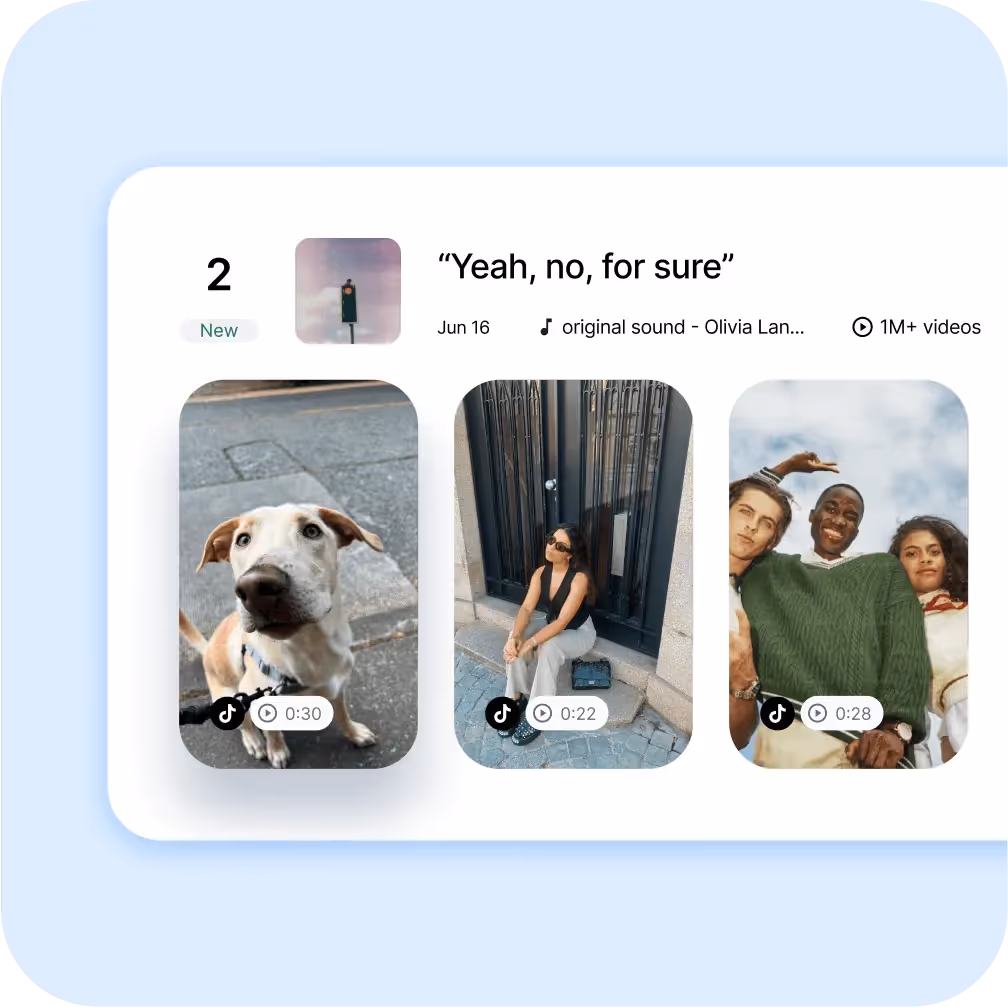TikTok trending sound 'Yeah, no, for sure' with 1M+ videos and sample creators below.