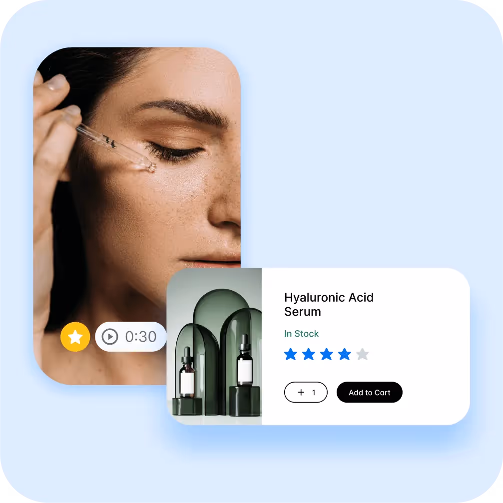 Hyaluronic acid serum product with reviews and a video of skincare application.