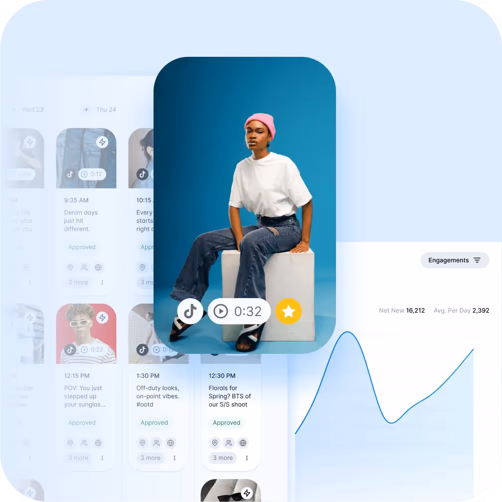 TikTok video creator posing in jeans and a pink beanie on Dash Social analytics interface.