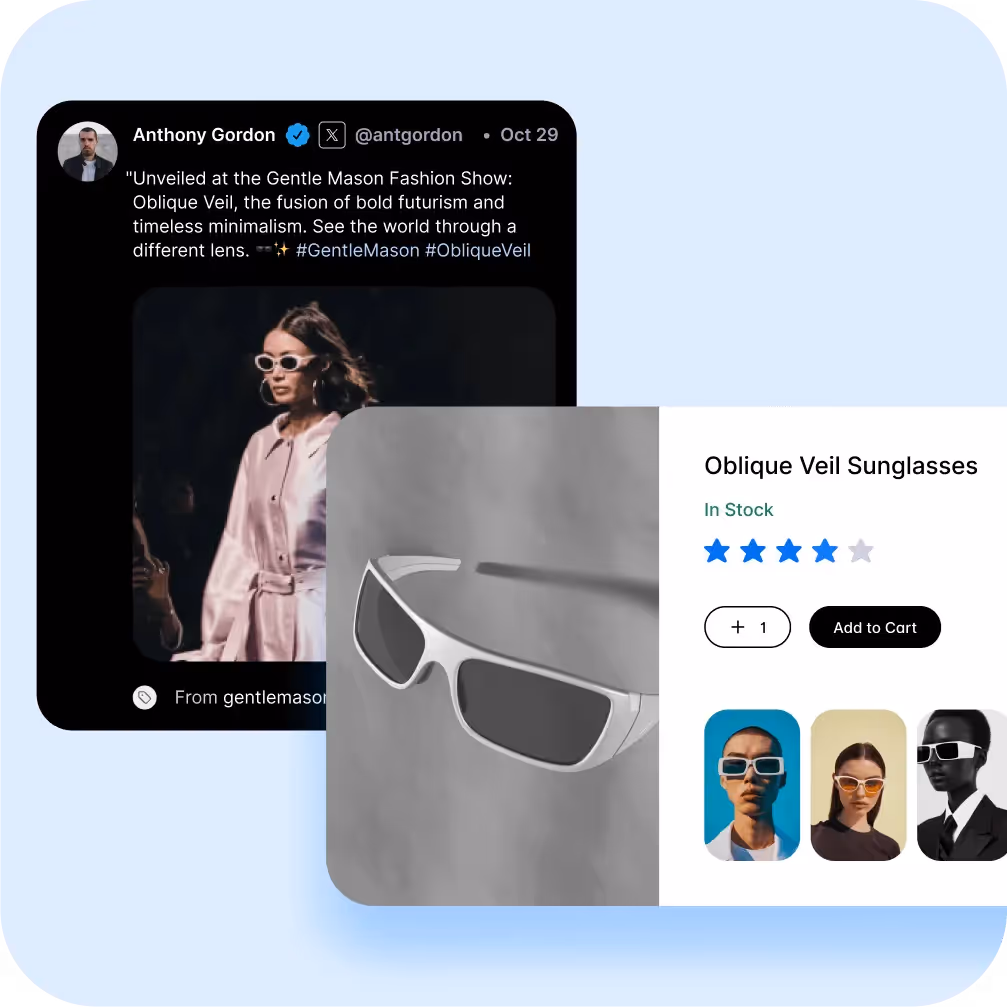 Tweet promoting Oblique Veil sunglasses alongside product page with reviews and add-to-cart option.