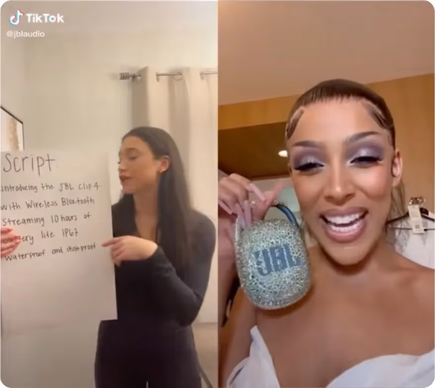 TikTok duet with JBL social media manager hold a script. Doja Cat holding wireless speaker not reading script
