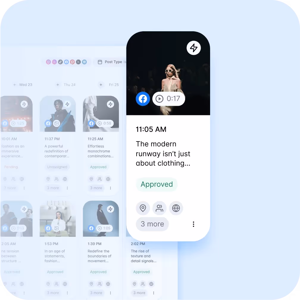 Social media scheduling dashboard with a preview of an approved Facebook post featuring a runway model.