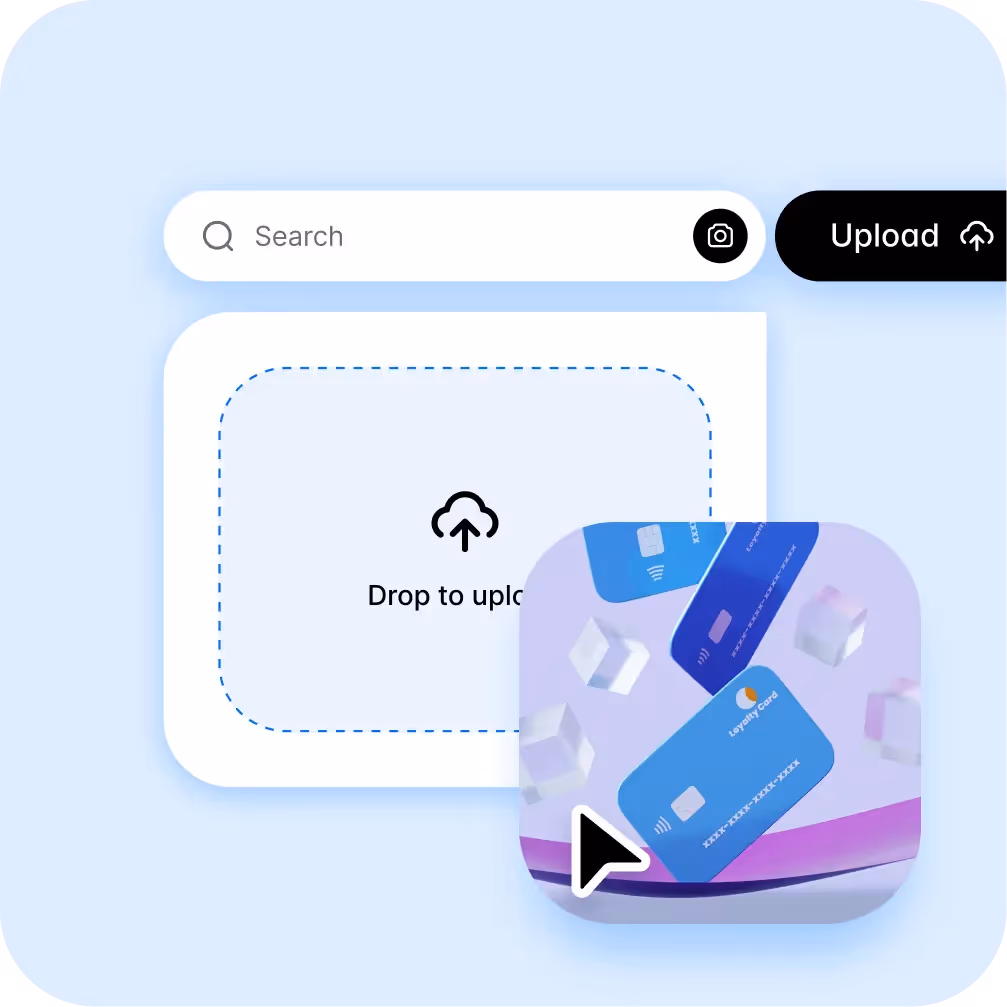 File upload section with floating credit card graphics, search bar, and upload button on Dash Social.