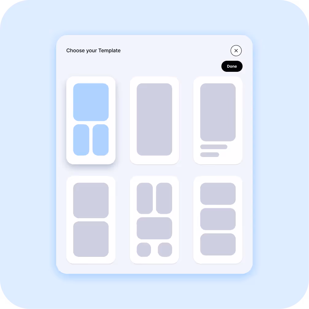 Template selection screen with various layouts for Instagram stories on Dash Social platform.