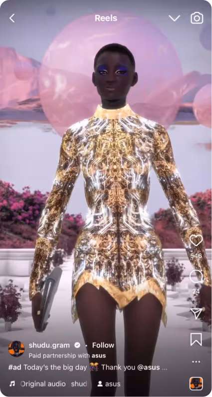 AI supermodel walking down runway in gold dress