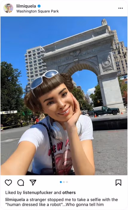Miquela taking a selfie in Washington Square Park