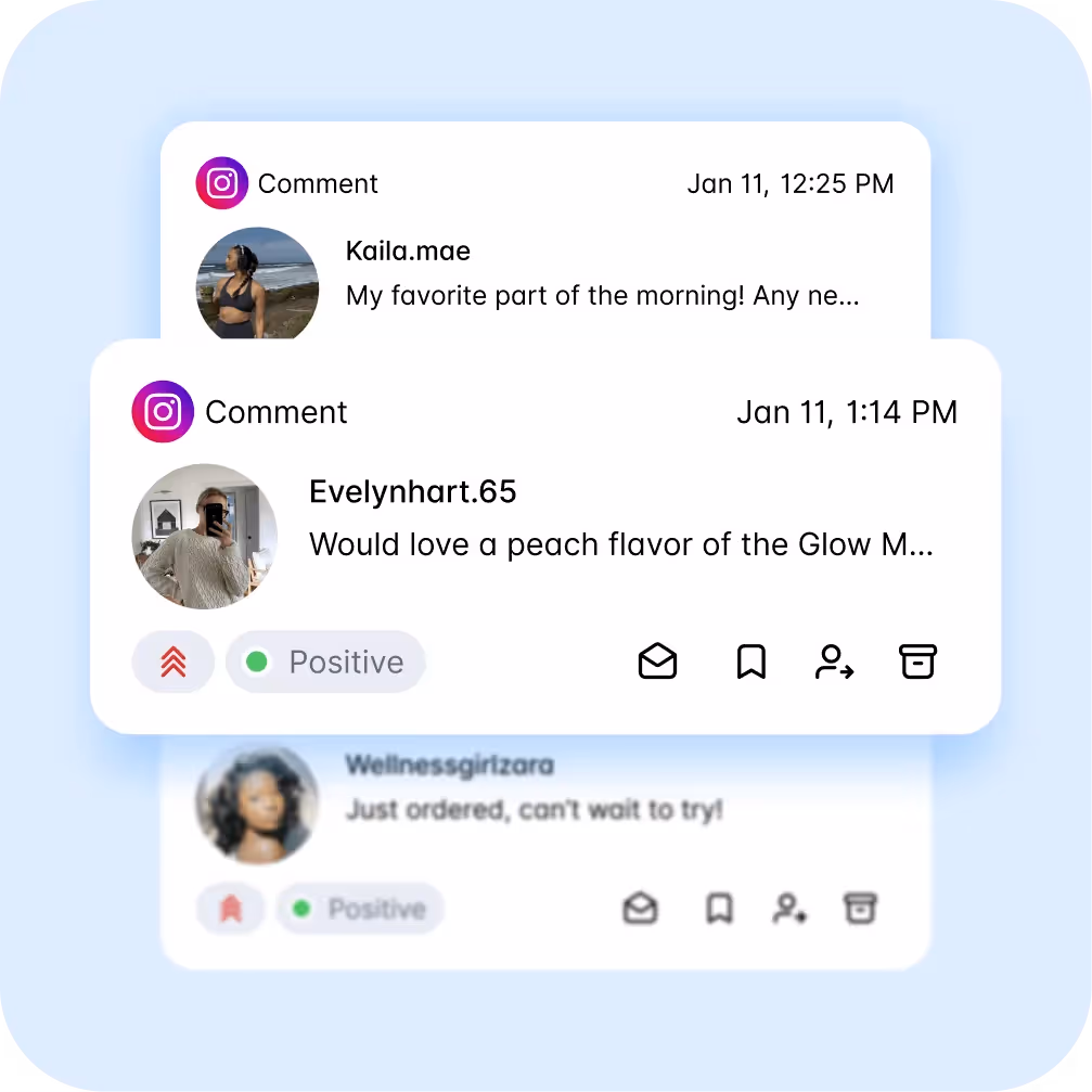 Instagram comments showing user feedback with positive sentiment tags for social media posts.