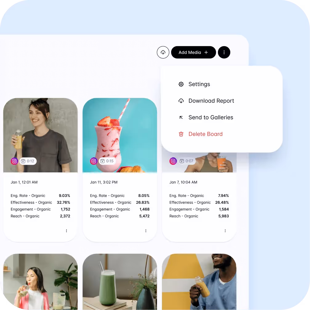 Content analytics menu with media thumbnails and board settings dropdown.