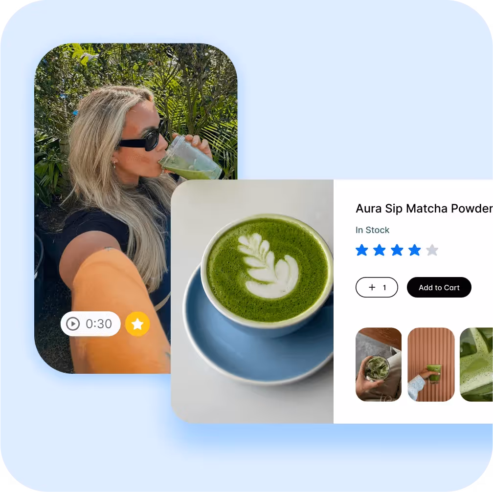 Matcha latte and product details for Aura Sip Matcha Powder with a video of a woman drinking matcha.