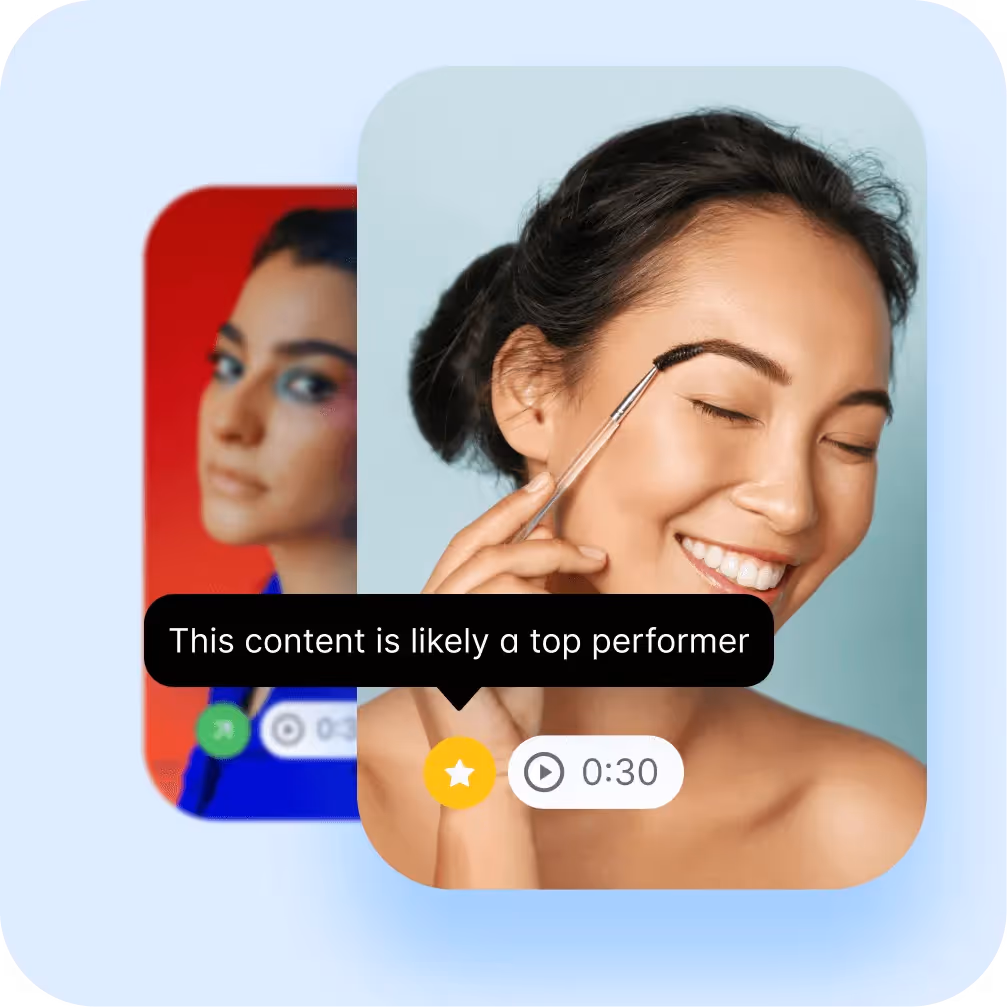 Smiling woman applying makeup labeled as likely top-performing content in analytics.