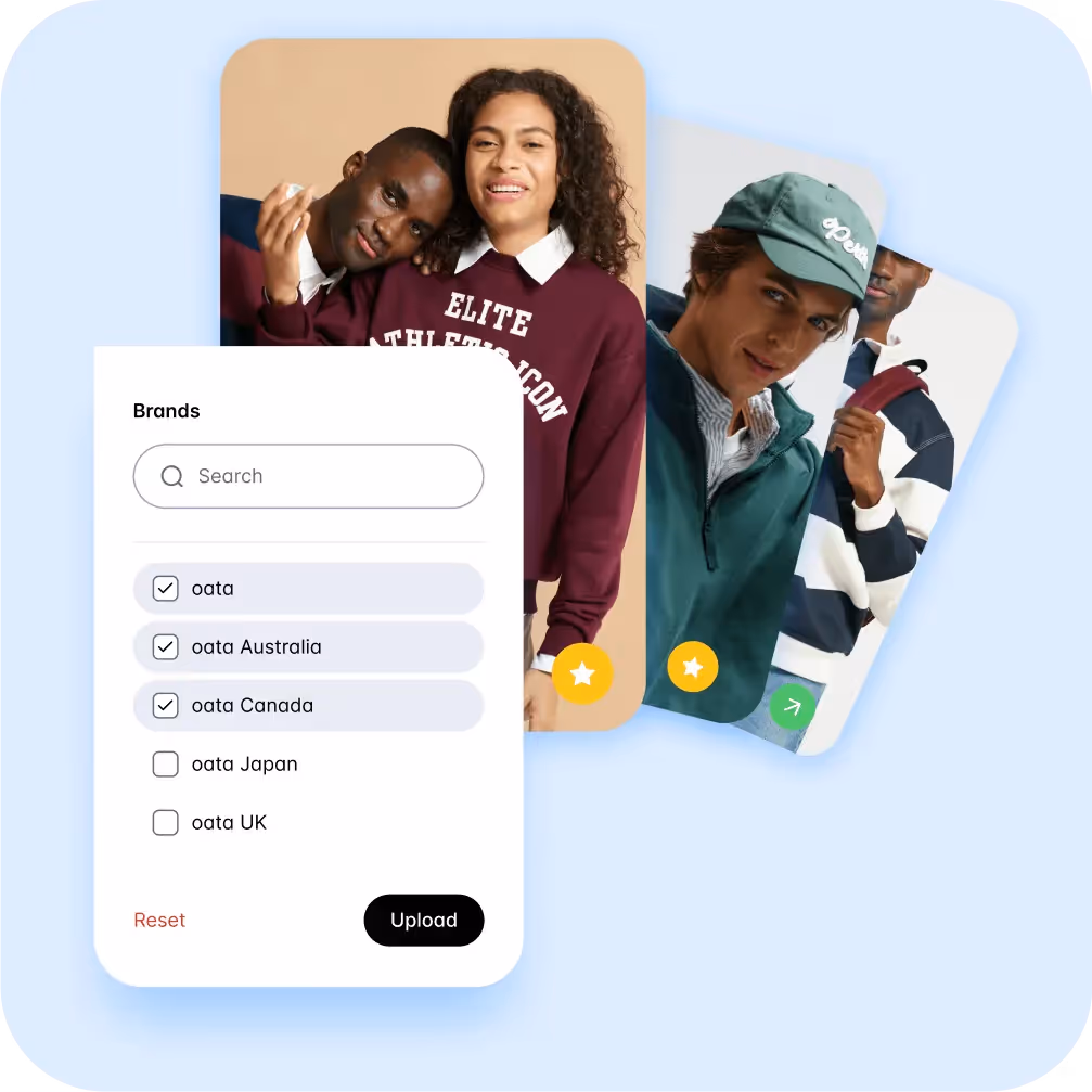 Brand selection interface with models showcasing branded outfits.