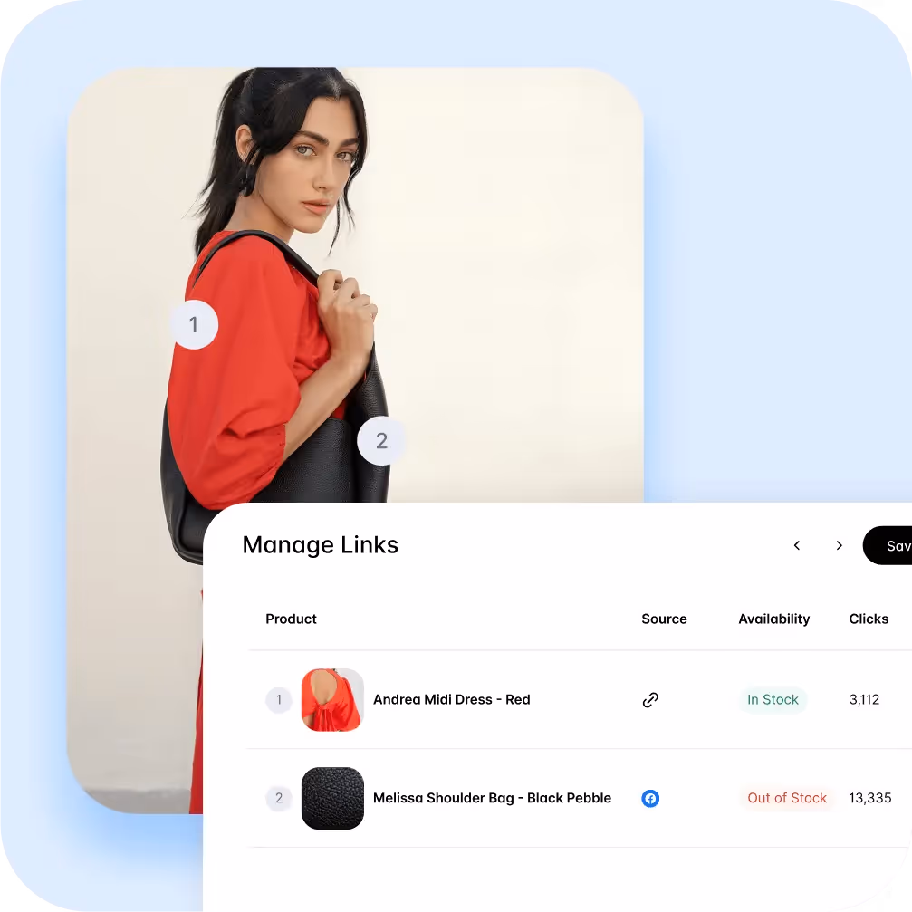 Product management panel showing a red dress and a black bag.