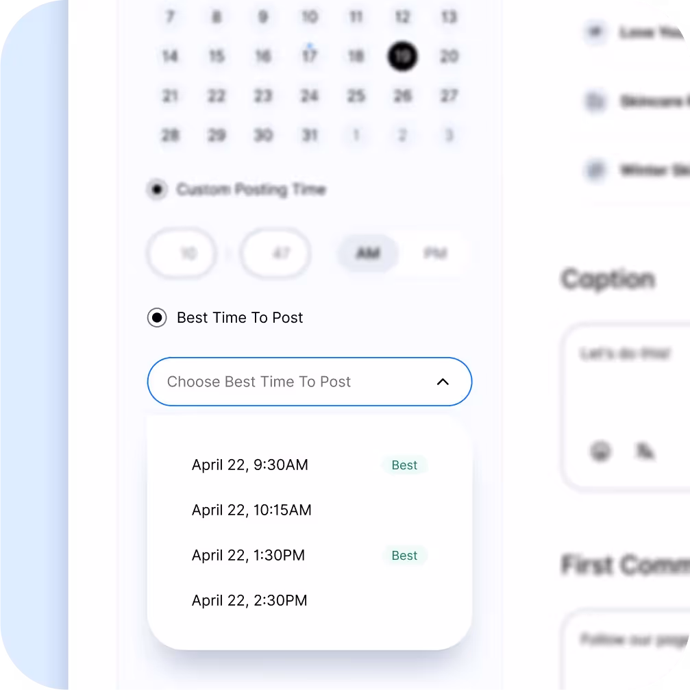 Best time to post options displayed for April 22 with recommended posting times.