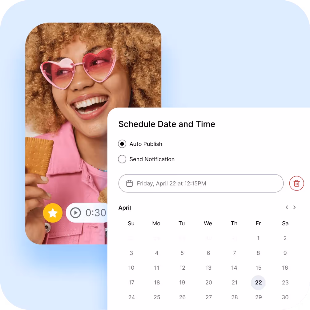 Smiling woman in pink scheduling social media post with auto-publish option selected.
