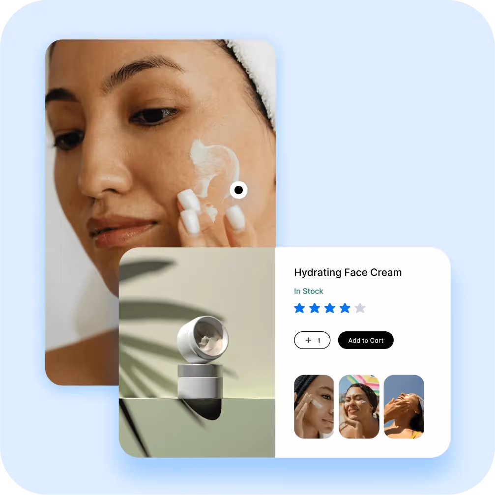 Woman applying hydrating cream paired with product details and add-to-cart option.