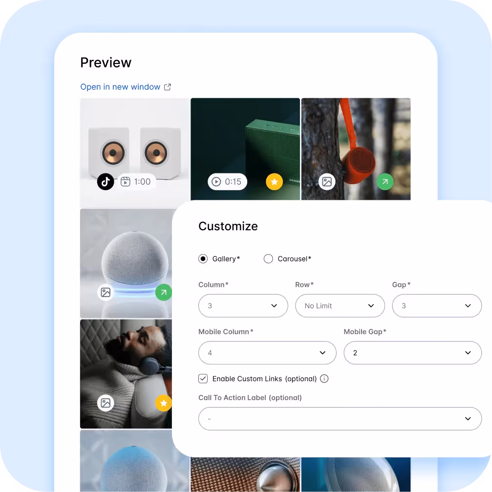 Preview of shoppable gallery with customization settings on Dash Social platform.