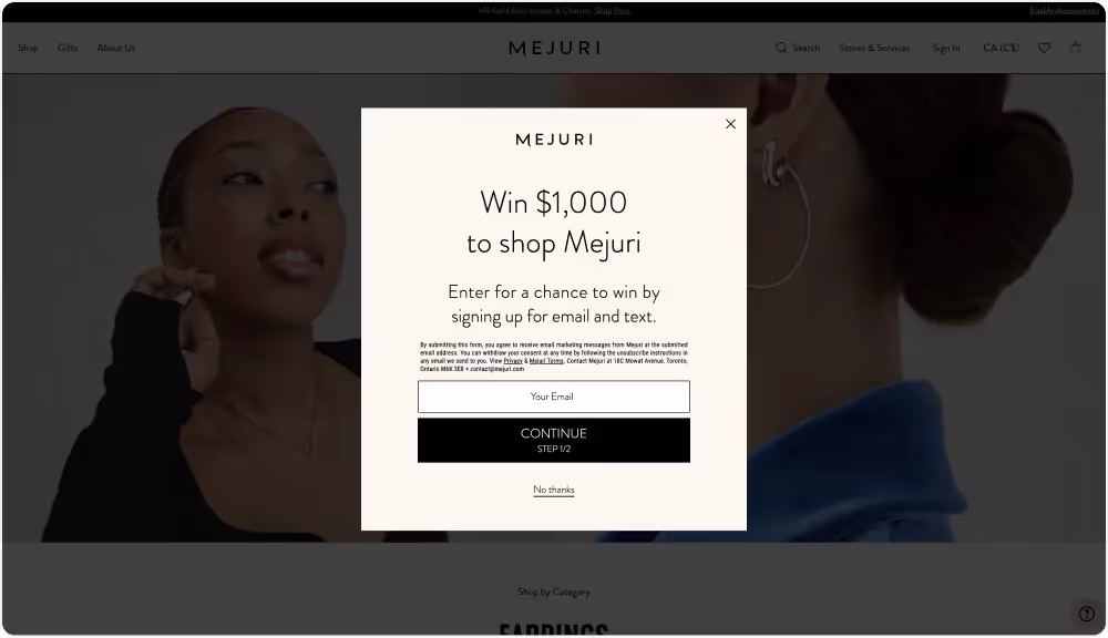 mejuri promotional contest pop up