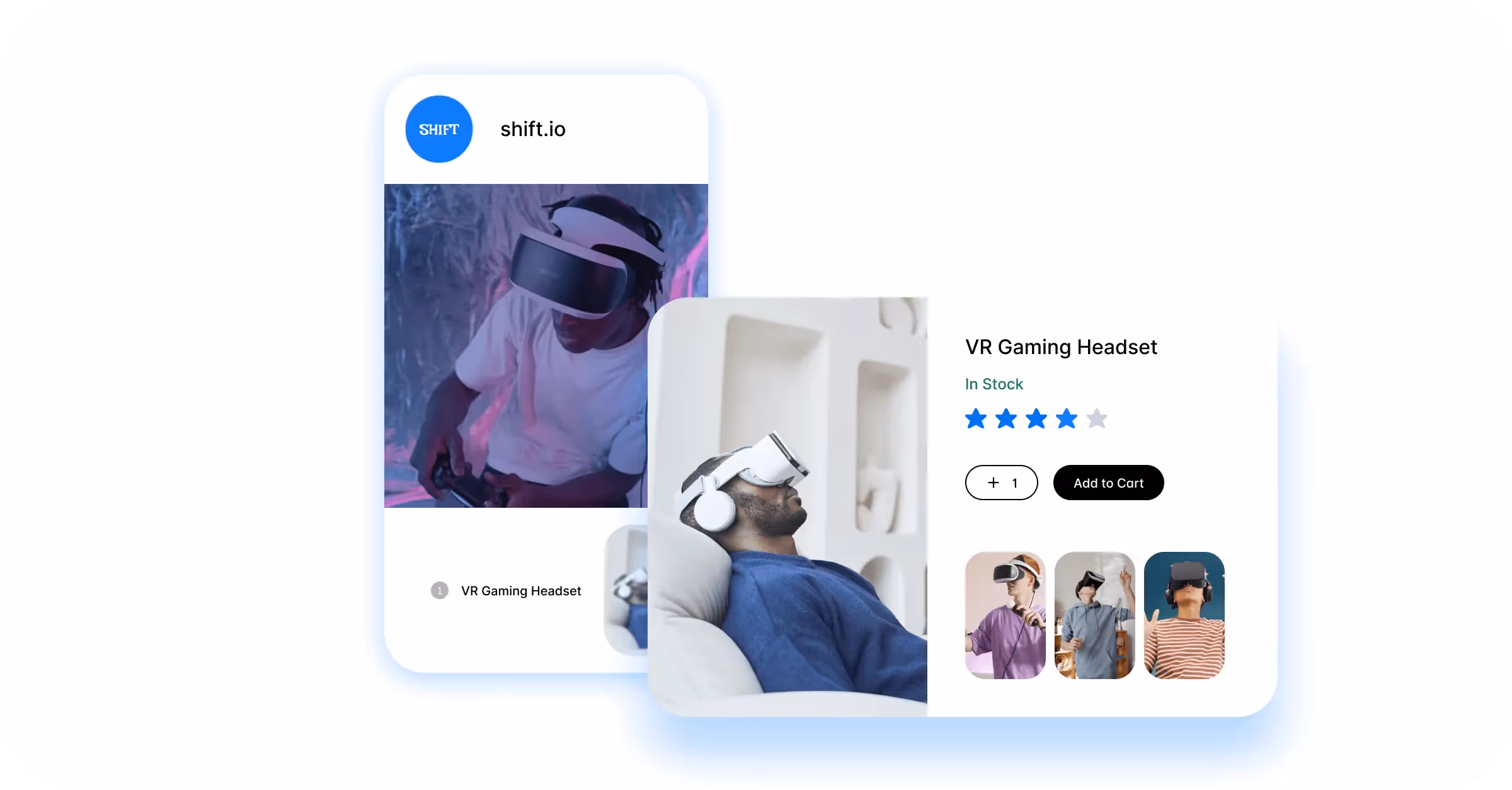 VR gaming headset product page with reviews, stock status, and promotional images.