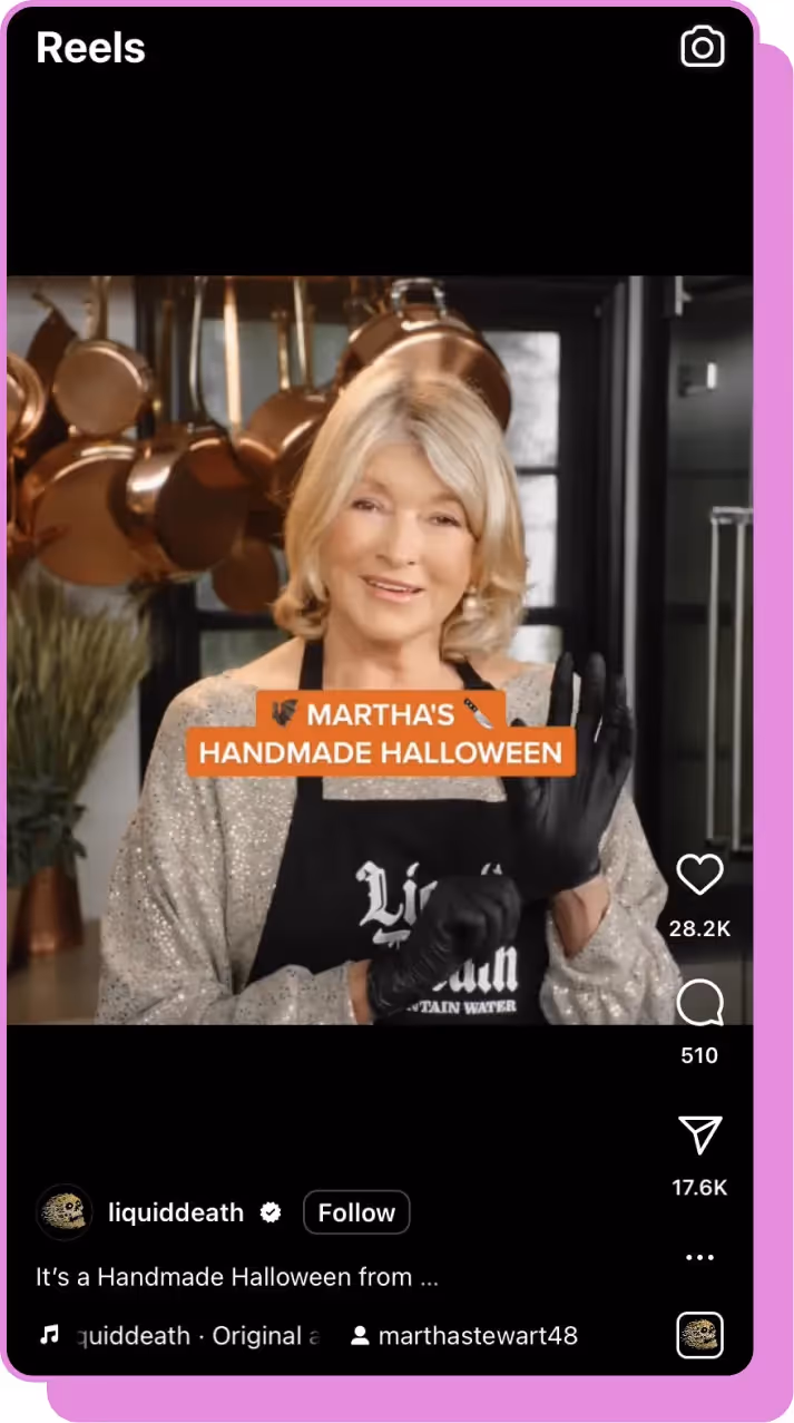 martha stewart with liquid death instagram reel screenshot 