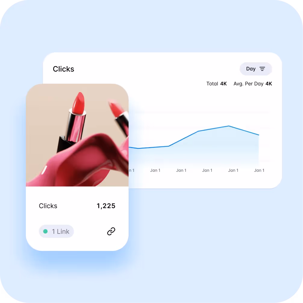 Analytics dashboard showing lipstick clicks and performance graph on Dash Social.