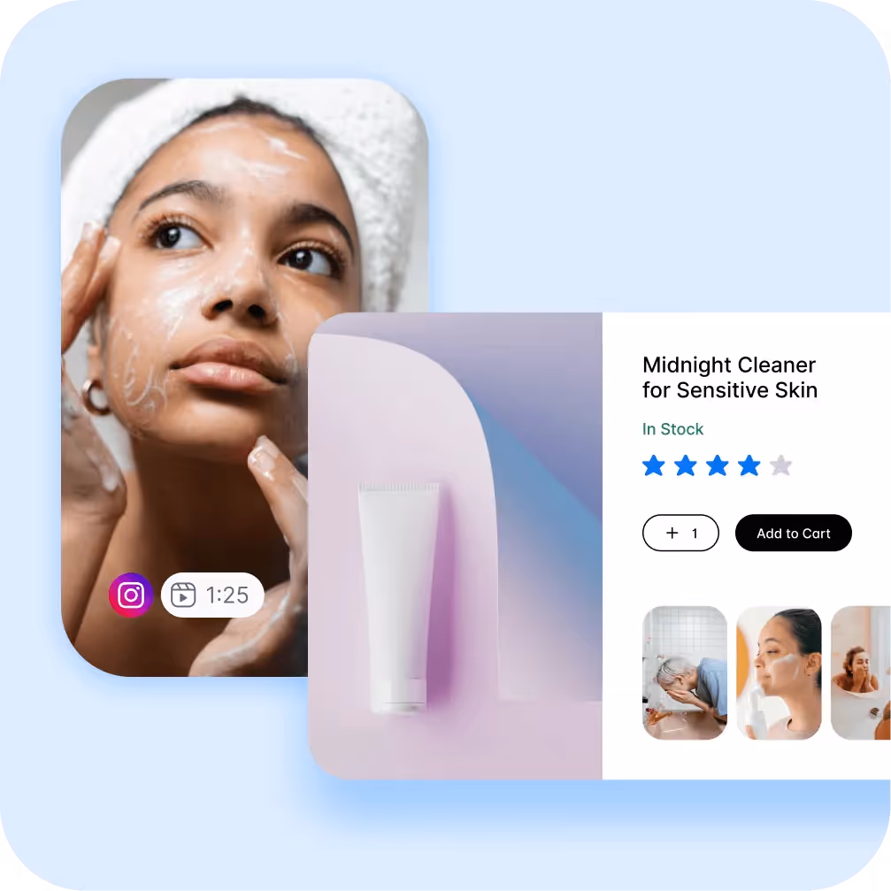 Skincare product page with user video and Midnight Cleaner details for sensitive skin.