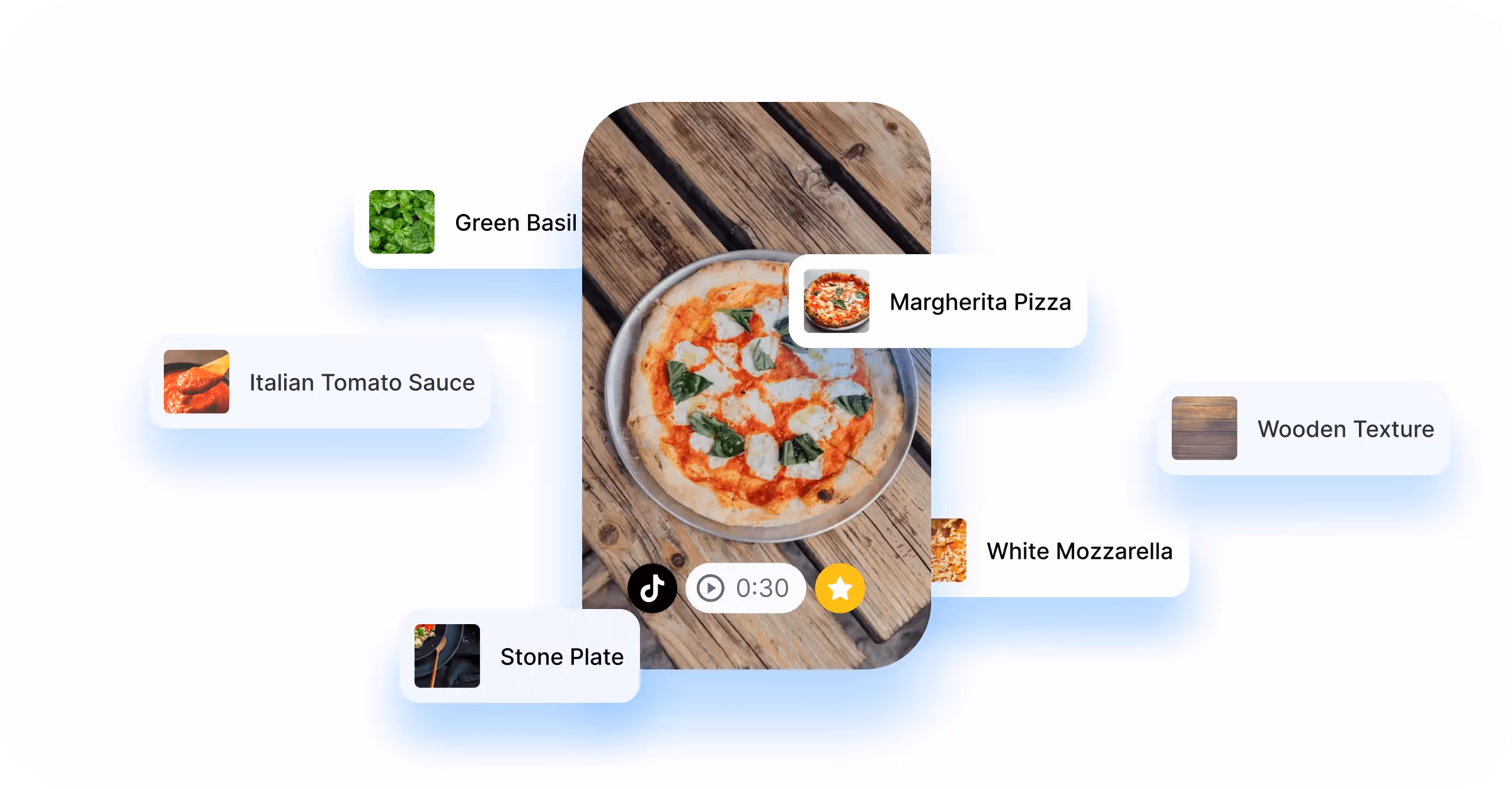 Margherita pizza on a wooden table with tags for basil, tomato sauce, mozzarella, and stone plate.