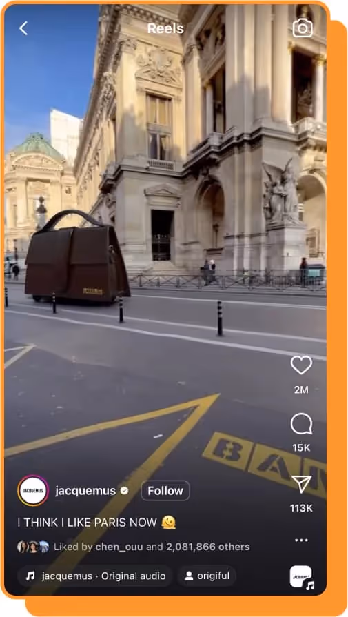 jacquemus bambino bag driving down street ig reels screenshot