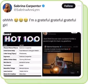 sabrina carpenter tweet about hitting number one