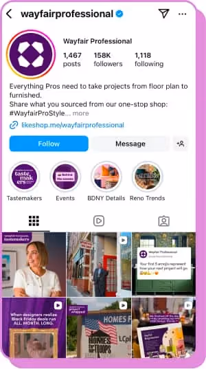 screenshot of wayfair professional instagram profile