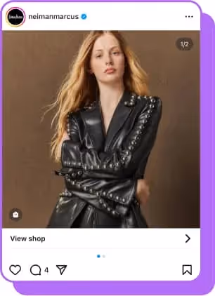 woman wearing black leather jacket from neiman marcus