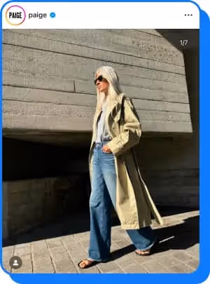 sarah harris wearing paige jeans and trench coat