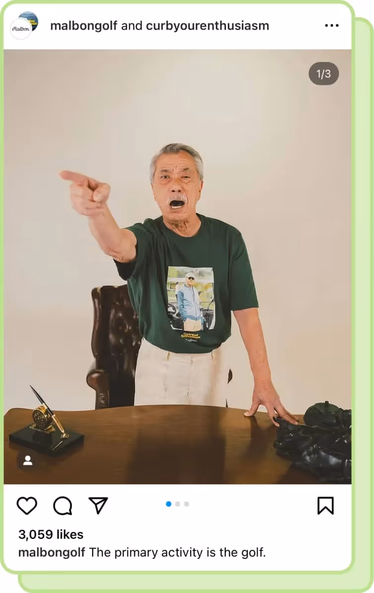 old man pointing and yelling wearing malbon x curb your enthusiasm merch