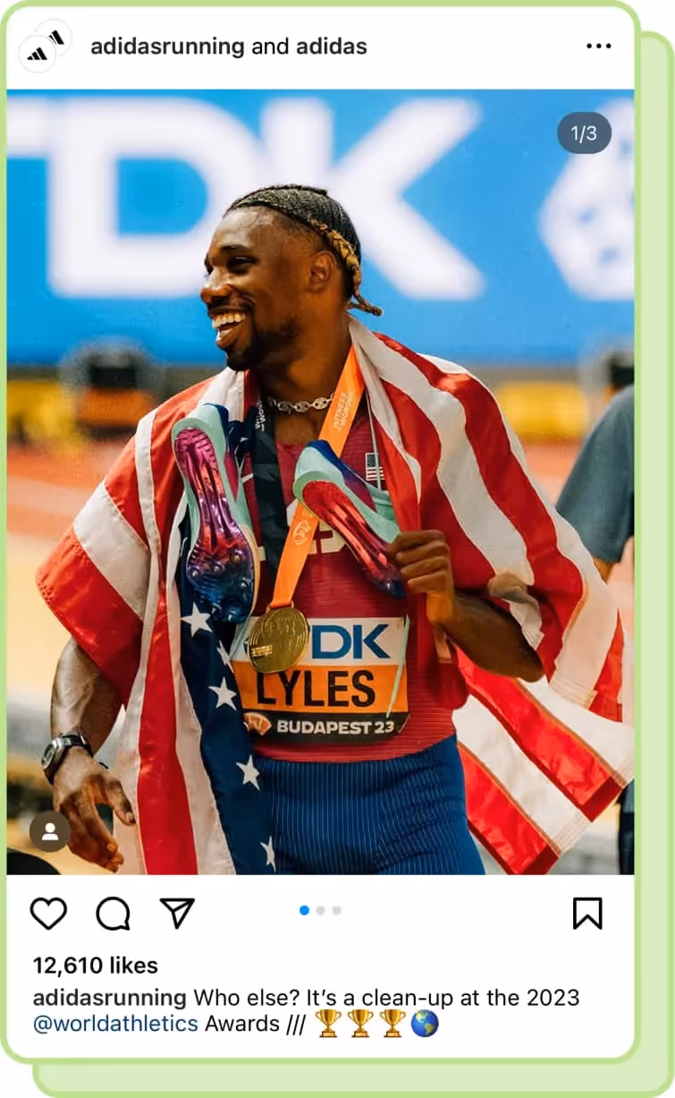 noah lyles wearing american flag and world athletics gold medal adidas ig carousel post screenshot