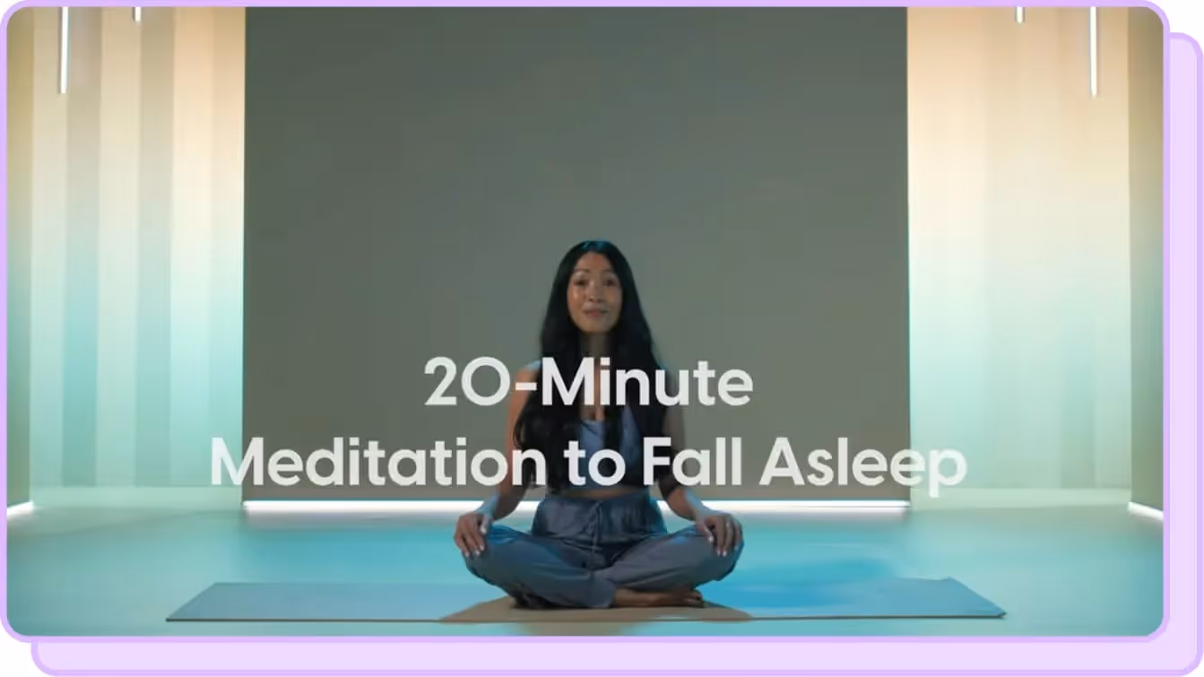 woman meditating behind text that says '20-minute meditation to fall asleep'