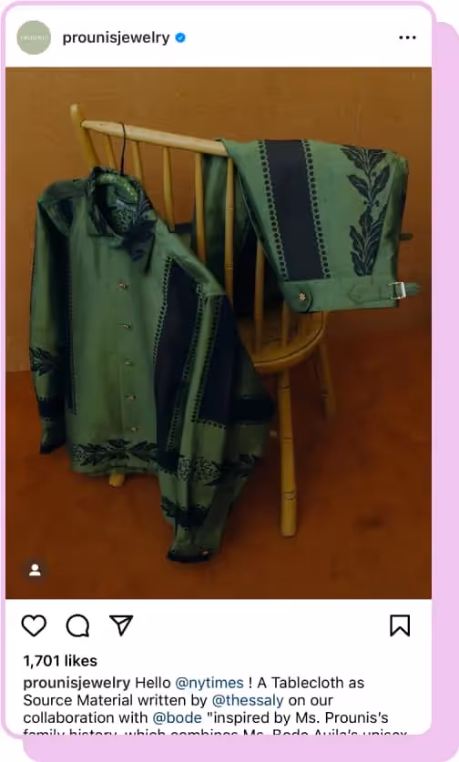 pronounis jewelry green suit collaboration instagram screenshot 