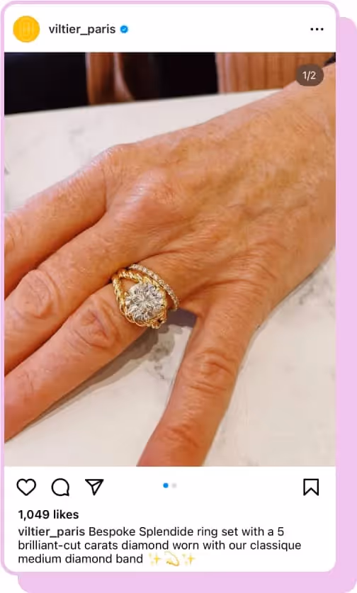 close up hand wearing big viltier diamond ring 