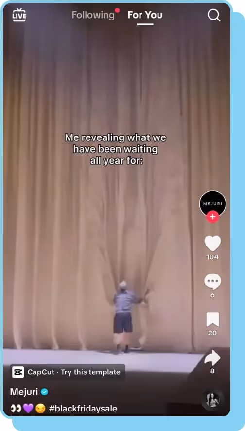 curtain with text announcing mejuri sale tiktok screenshot 