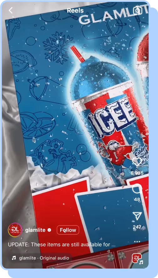 glamlite icee collaboration products ig reels screenshot