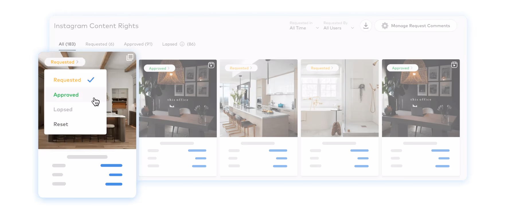 Instagram content rights dashboard with options for requested, approved, and lapsed statuses.