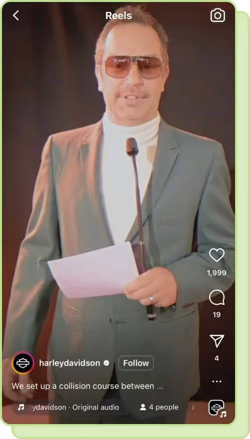 man speaking into mic wearing 70s sunglasses harley davidson ig post