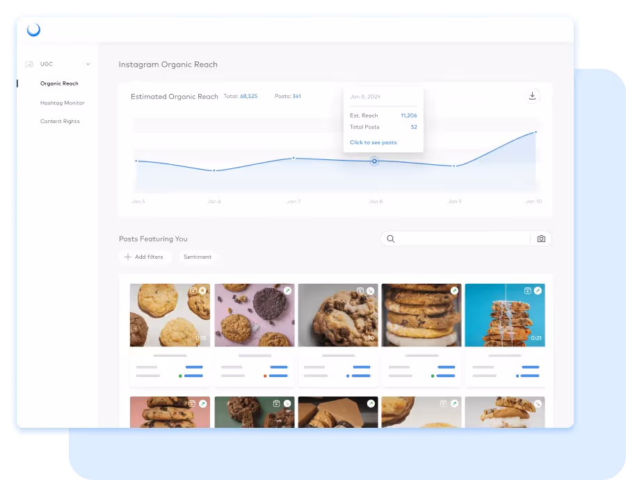 Dash Social Instagram Organic Reach analytics dashboard showing estimated reach, engagement, and UGC performance.